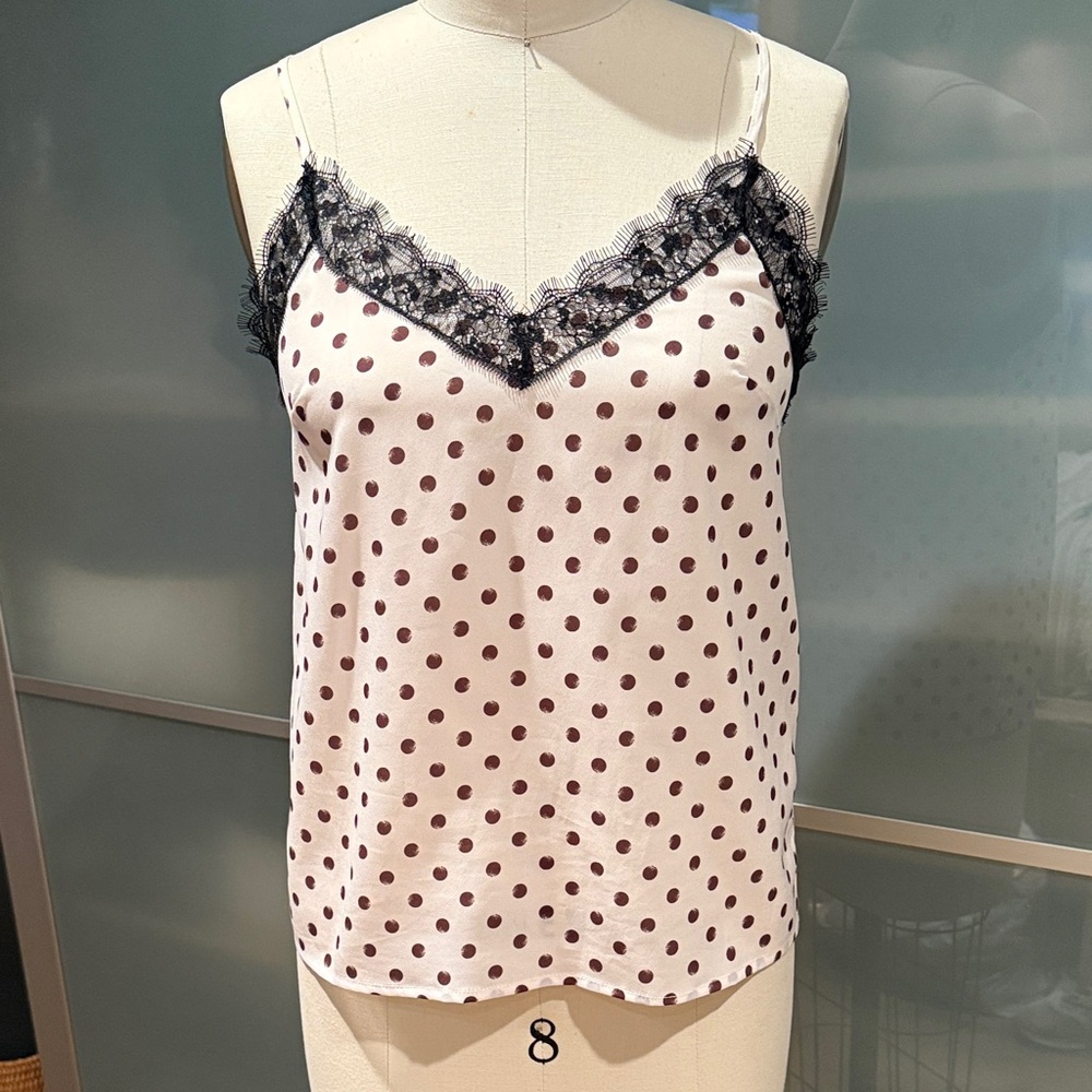 TOPSHOP BROWN Polka Dot BLACK Lace Trim Cami Top.4
